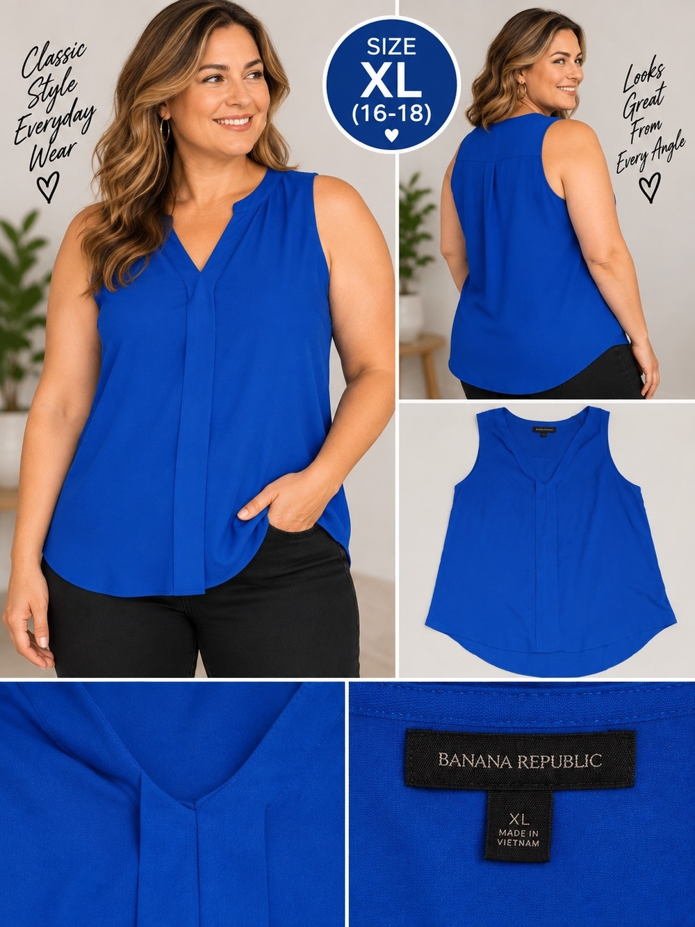 Banana Republic Women's XL Blue Sleeveless V-Neck Blouse Top #31